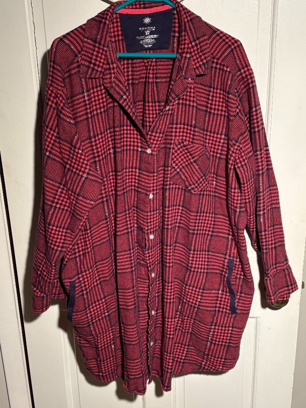 Sonoma Intimates 3X Red Plaid Flannel Sleep Shirt Shimmer POCKETS